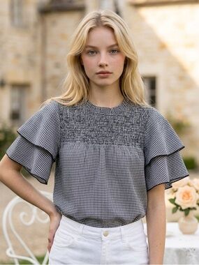 Black and White Gingham Ruffle Sleeve Top